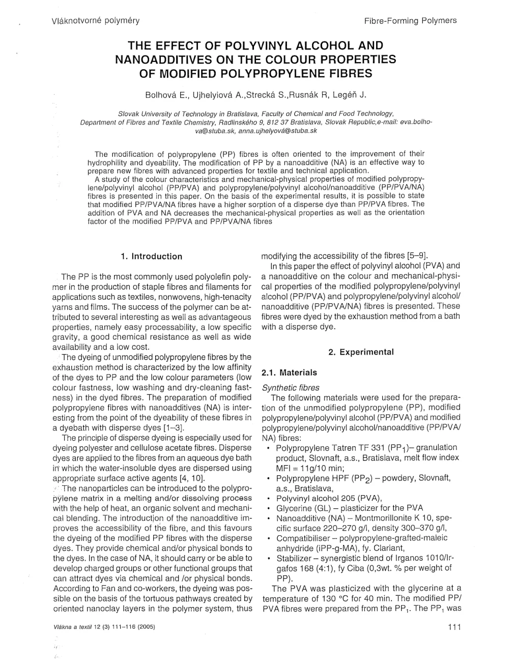 The Effect of Polyvinyl Alcohol and Nanoadditives on the Colour Properties of Modified Polypropylene Fibres — page 1